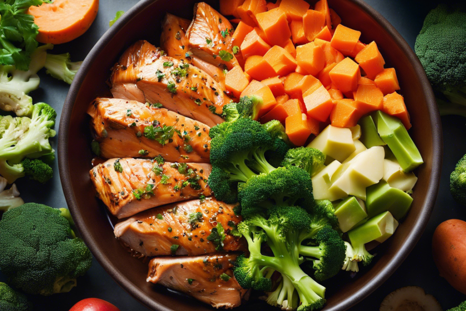 An image featuring a vibrant, colorful bowl filled with nutrient-rich ingredients like lean chicken, carrots, broccoli, and sweet potatoes