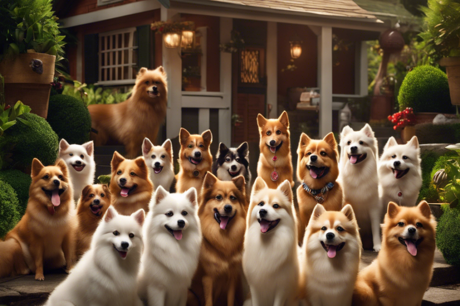 An image featuring fifteen distinct Spitz dogs with friendly faces, surrounded by awards, in a warm, homey background with lush greenery and cozy breeder cottages