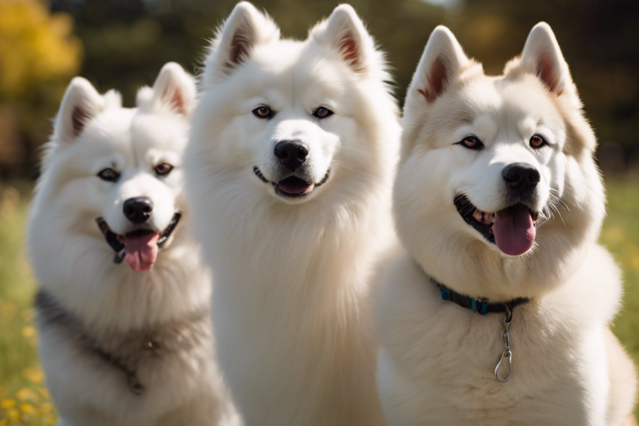 An image showcasing three Spitz dogs in perfect health: a vibrant, glossy-coated Akita, a lean and muscular Alaskan Malamute, and a bright-eyed, energetic Samoyed, illustrating the top health standards for Spitz breeds