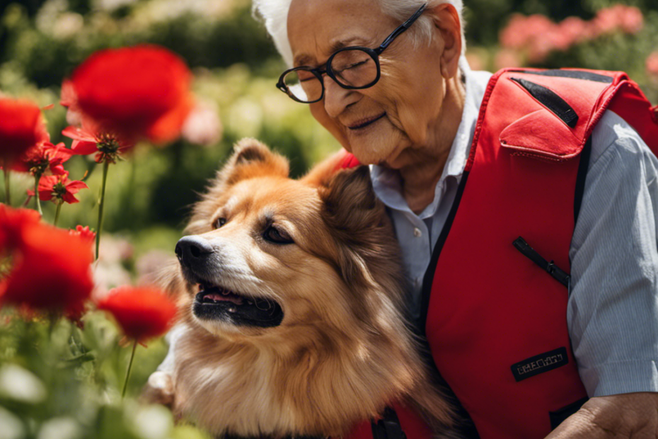 An image capturing the heartwarming sight of a trained elderly-assisting Spitz dog tenderly comforting a senior citizen, adorned with a bright red therapy vest, in a serene garden setting full of blooming flowers and gentle sunlight