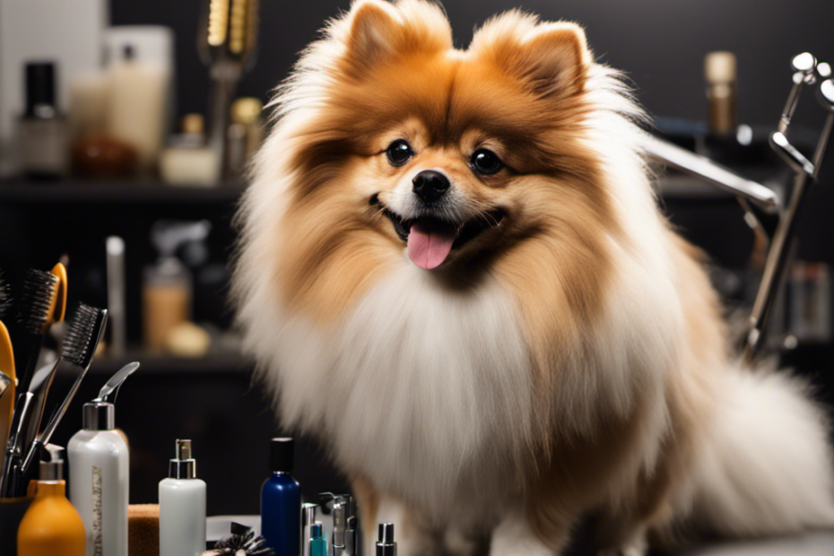 An image showcasing a fluffy Spitz pooch standing on a sleek grooming table