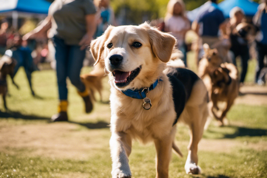 An image showcasing a vibrant dog park, bustling with wagging tails and excited barks, as proud pup parents and their four-legged companions participate in thrilling local canine contests, surrounded by colorful trophies and cheering crowds