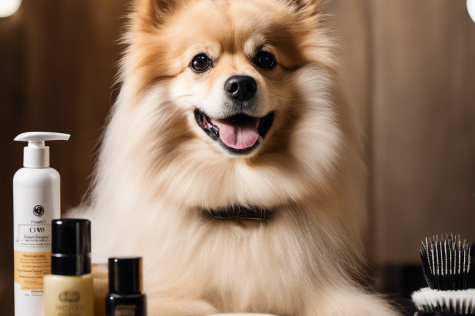 An image showcasing a well-groomed Spitz dog, surrounded by essential grooming products