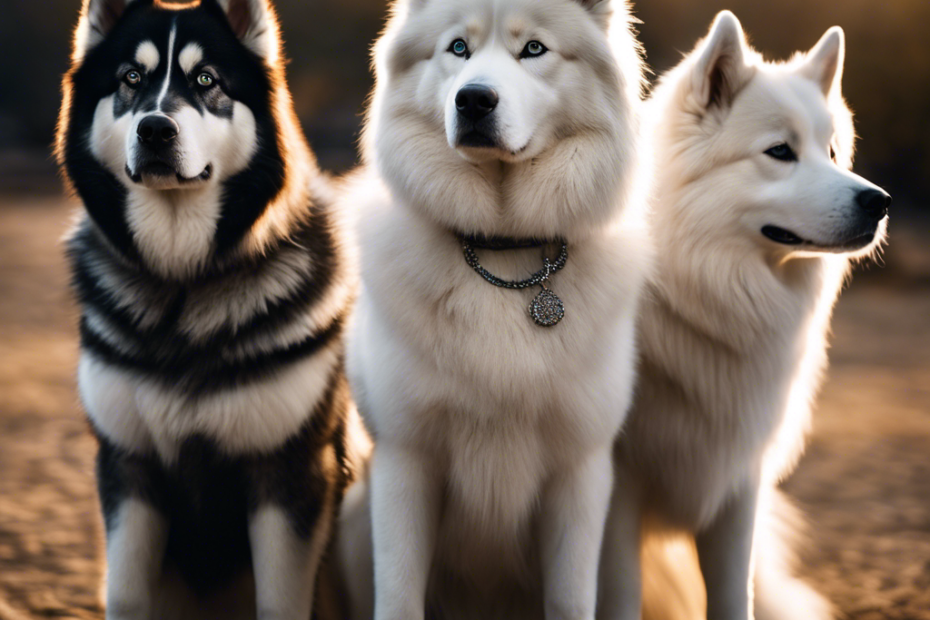 Ing image capturing a close-up of three majestic Northern dogs, a Siberian Husky, an Alaskan Malamute, and a Samoyed, standing side by side, showcasing their thick coats, piercing eyes, and noble expressions