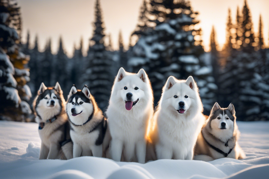 A serene snowy landscape with various Spitz dogs like the Siberian Husky, Alaskan Malamute, and Samoyed, cuddled together with a backdrop of snow-covered pine trees and a cozy igloo