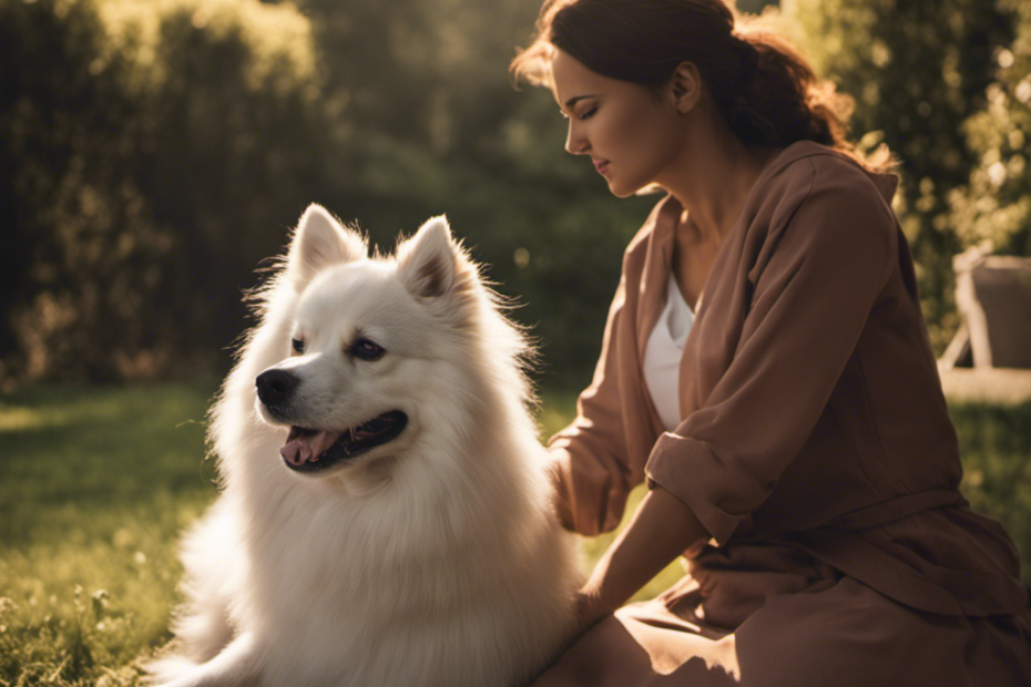 An image showcasing a serene setting with a calm Spitz dog sitting next to a therapy patient, exuding comfort and companionship