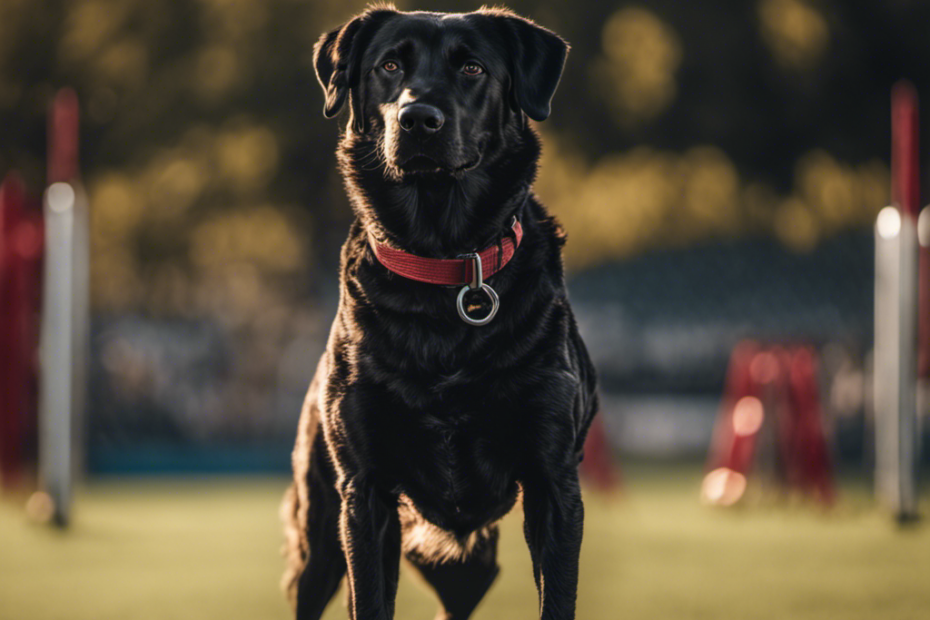 An image featuring a well-groomed, focused dog with a shiny coat, standing on a competition field, surrounded by agility equipment, showcasing determination and athleticism