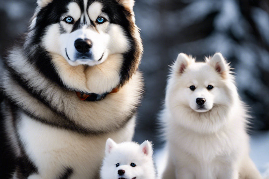 An image that showcases the relative size differences of Arctic dog breeds, featuring a majestic Alaskan Malamute towering over a compact Siberian Husky, with a petite American Eskimo Dog nestled in between