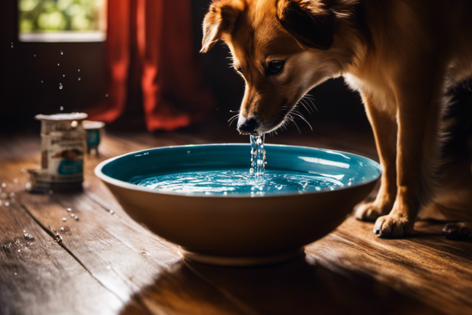 An image showcasing a vibrant, ceramic water bowl filled to the brim with fresh water, surrounded by droplets glistening on a polished wooden floor, while a content Spitz dog quenches its thirst