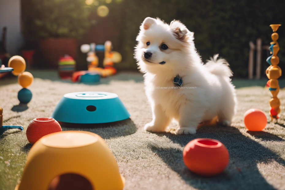 An image of a person gently training Spitz puppies in a sunny backyard, with various puppy-sized agility equipment and a soft bed nearby, surrounded by toys and a water bowl