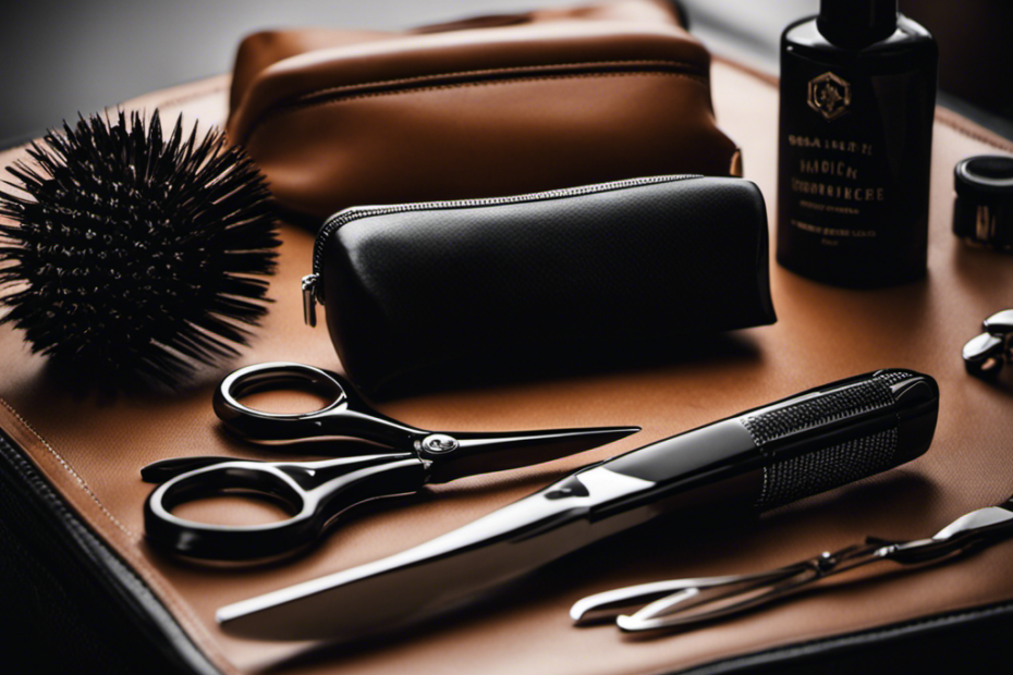 An image that showcases a sleek, minimalist grooming kit with high-quality stainless steel scissors, a precision electric trimmer, a luxurious shaving brush, a polished straight razor, and a sleek black leather grooming case