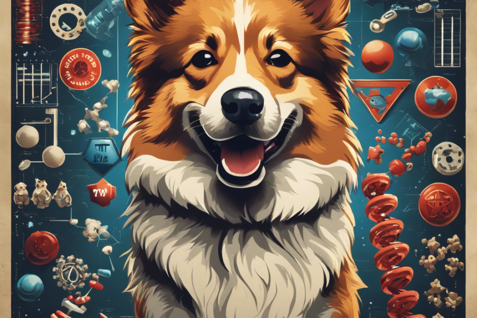 An illustration of a Spitz dog surrounded by icons of DNA strands, a vet examining a hip joint, and a warning sign over a crowded puppy mill environment