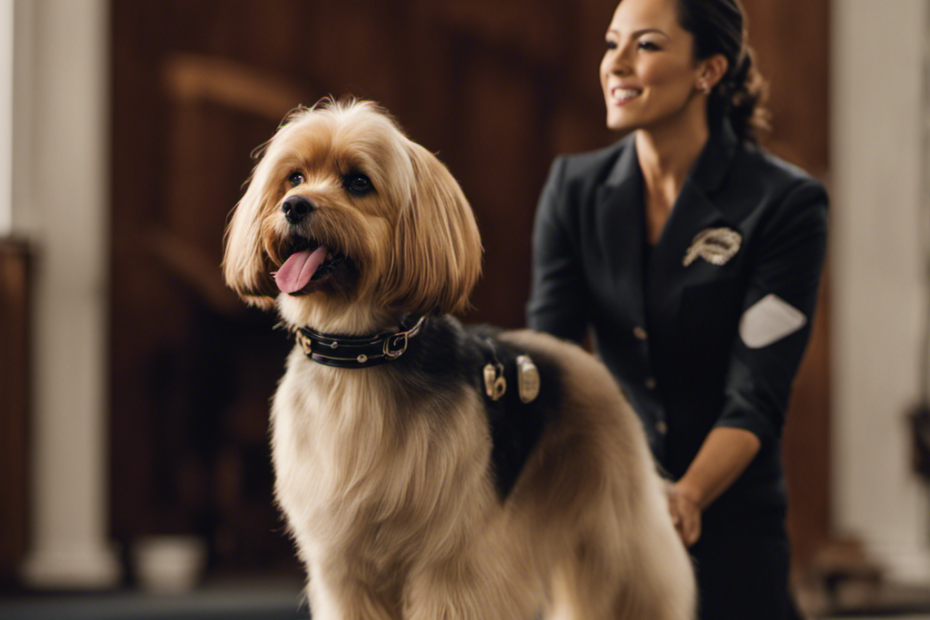 An image showcasing a well-groomed show dog diligently following its trainer's commands, displaying perfect posture and grace