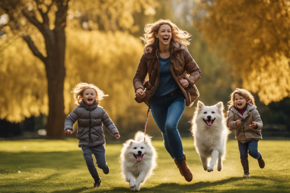 An image featuring a joyful family of four playing fetch with their lively Spitz breeds in a picturesque park