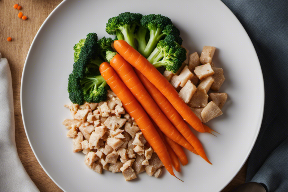 An image showcasing a colorful, well-arranged plate filled with lean cuts of fish, tender chunks of chicken, nutrient-rich vegetables like carrots and broccoli, and a sprinkling of small, crunchy kibble, all tailored for a Spitz dog's balanced diet