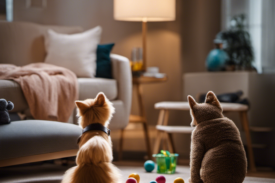 An image showcasing a serene room with a Spitz and a therapist engaging in interactive play therapy, using toys and props like puzzles, balls, and a calming sensory corner