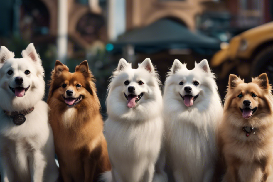 An image showcasing diverse Spitz dogs with visible traits like lush coats, alert expressions, and robust health, set against a backdrop of DNA helixes and subtle veterinary icons