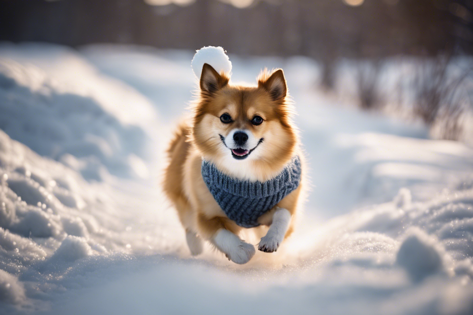 dog wearing a cozy sweater, playing fetch with a snowball, agility training over snowy obstacles, and briskly walking on a frosty trail with a human bundled in winter attire