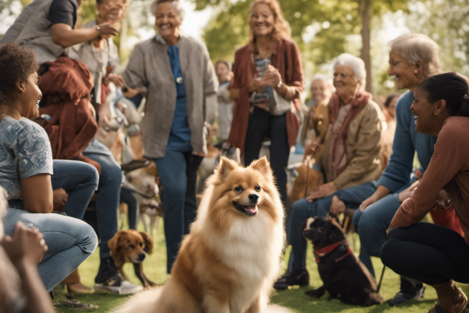 An image capturing the joy of a Spitz therapy dog surrounded by a diverse group of people, engaging in heartwarming interactions