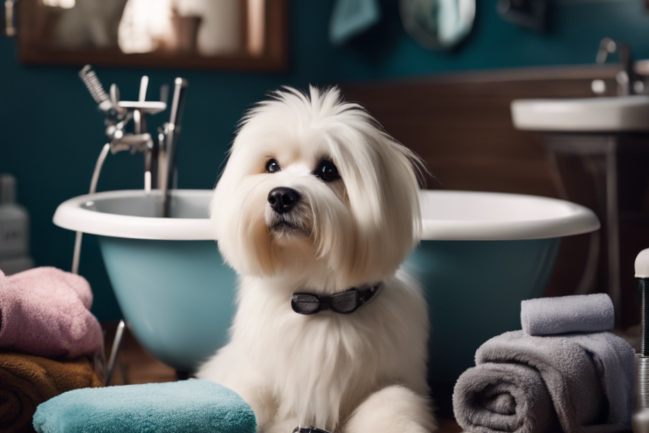 An image featuring a variety of dog grooming tools, a fluffy dog in a bathtub, surrounded by snowflakes, with a warm towel, hairdryer, and winter-themed dog clothes nearby