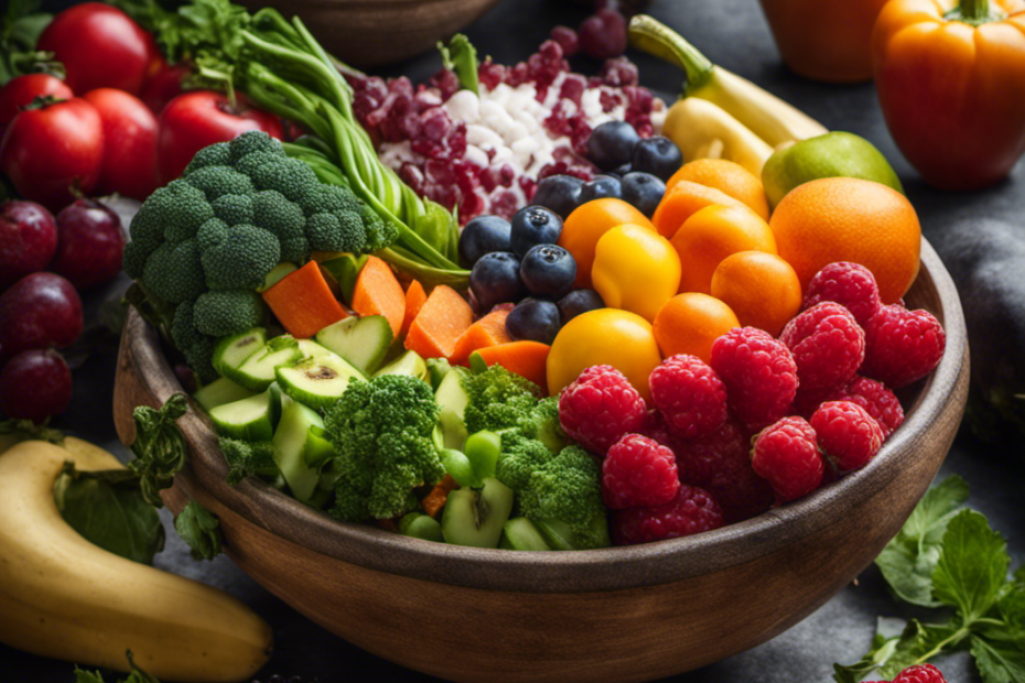 An image showcasing a vibrant bowl of nutrient-rich fruits and vegetables, brimming with colorful minerals like calcium, iron, zinc, and potassium