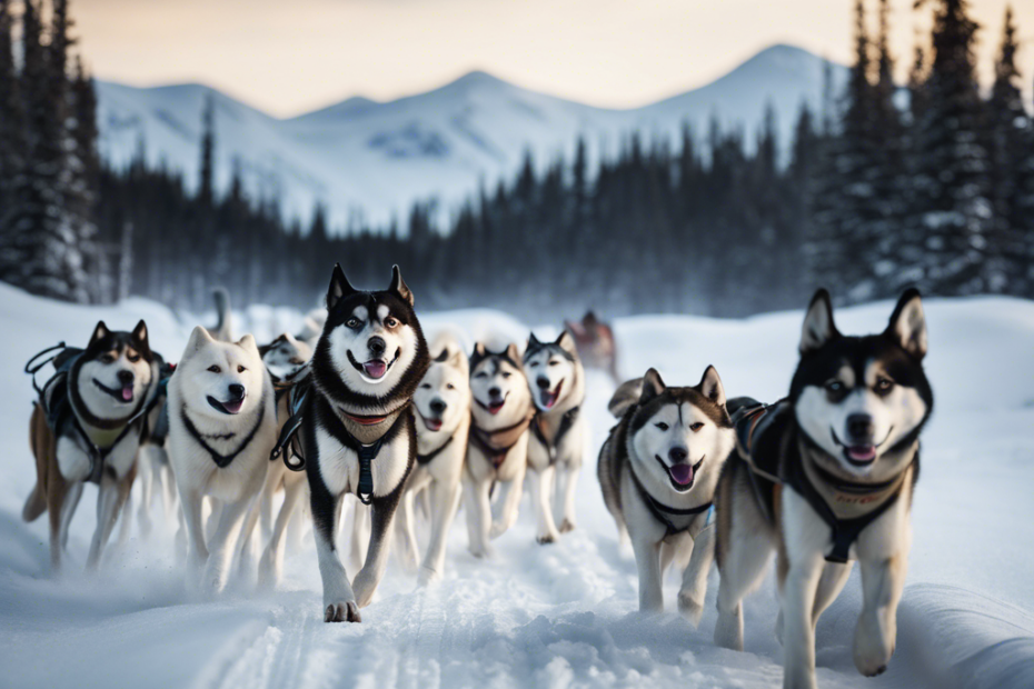 An image showcasing a vast, snow-covered Arctic landscape with a team of majestic sled dogs in the foreground