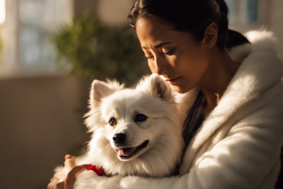 An image capturing the tender moment of a Spitz therapy dog, with its fluffy white coat, comforting a person in distress, their eyes locked in a comforting gaze, amidst a serene, sunlit therapy room