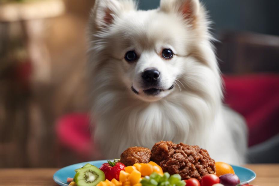 An image showcasing a Spitz breed dog with a colorful, well-balanced meal on a plate