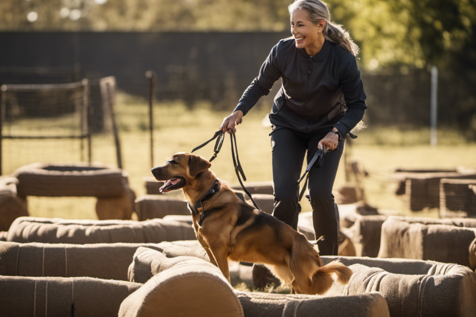 An image showcasing an experienced dog trainer gently guiding an older dog through an obstacle course, using positive reinforcement techniques