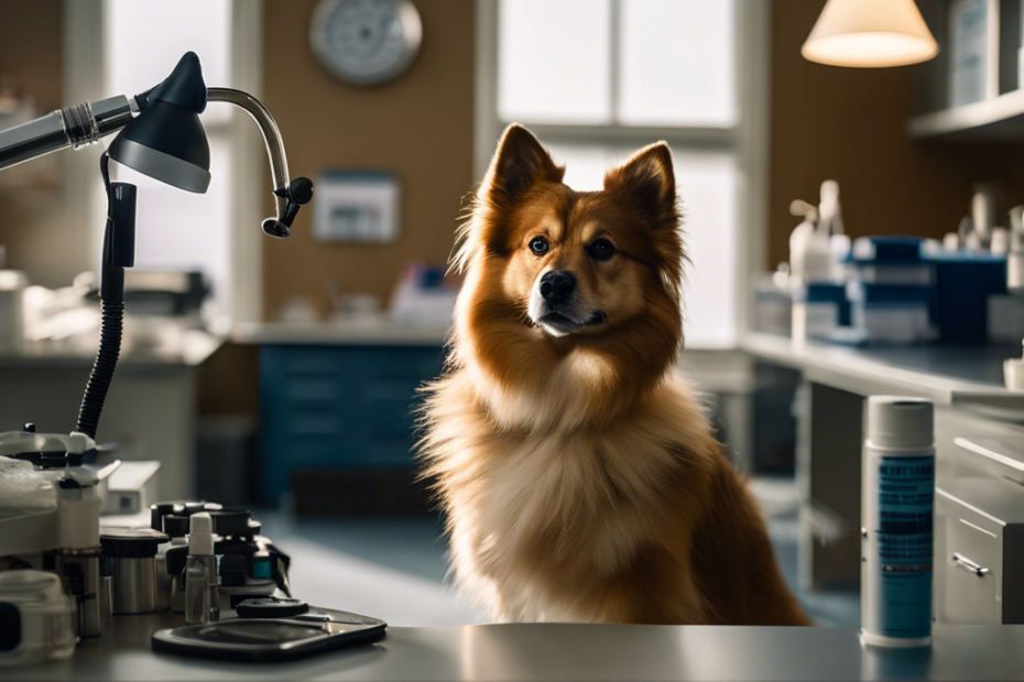 Ate a Spitz dog in a vet's office, being examined by a veterinarian with a stethoscope, surrounded by winter gear, a thermometer, and paw protectant