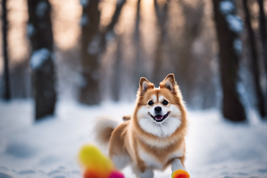 An image of a Spitz dog wearing colorful, insulated booties, walking through a snowy landscape with a human, highlighting their protected paws against the cold, white background