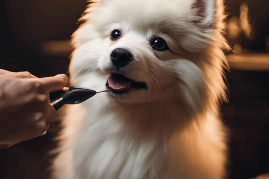 An image showcasing a pair of fluffy Spitz ears being gently cleaned and groomed