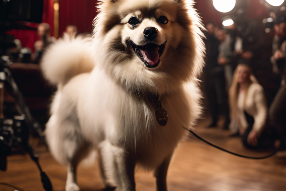 An image featuring a regal Spitz dog with a fluffy, double-coated coat elegantly prancing on a film set, surrounded by excited crew members and cameras capturing its charismatic presence