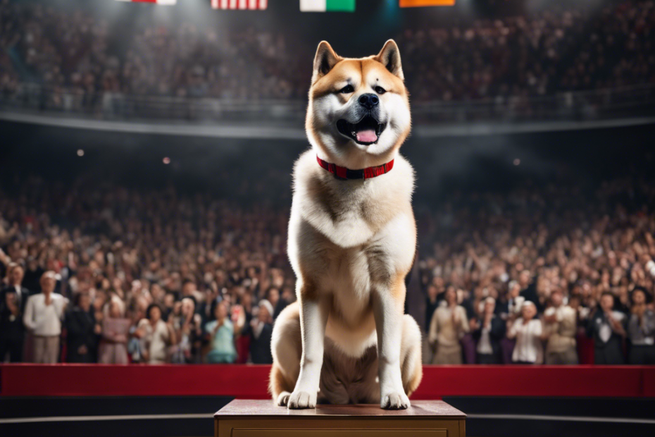 An image featuring a majestic Japanese Akita dog standing on a podium in a vibrant, crowded arena