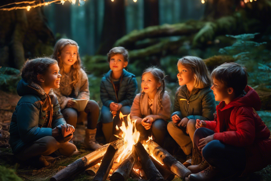 An image showcasing an enchanting scene in a whimsical forest, where a group of delighted children gather around a captivating campfire, listening intently to a charismatic spitz dog with expressive eyes, narrating a captivating storybook adventure