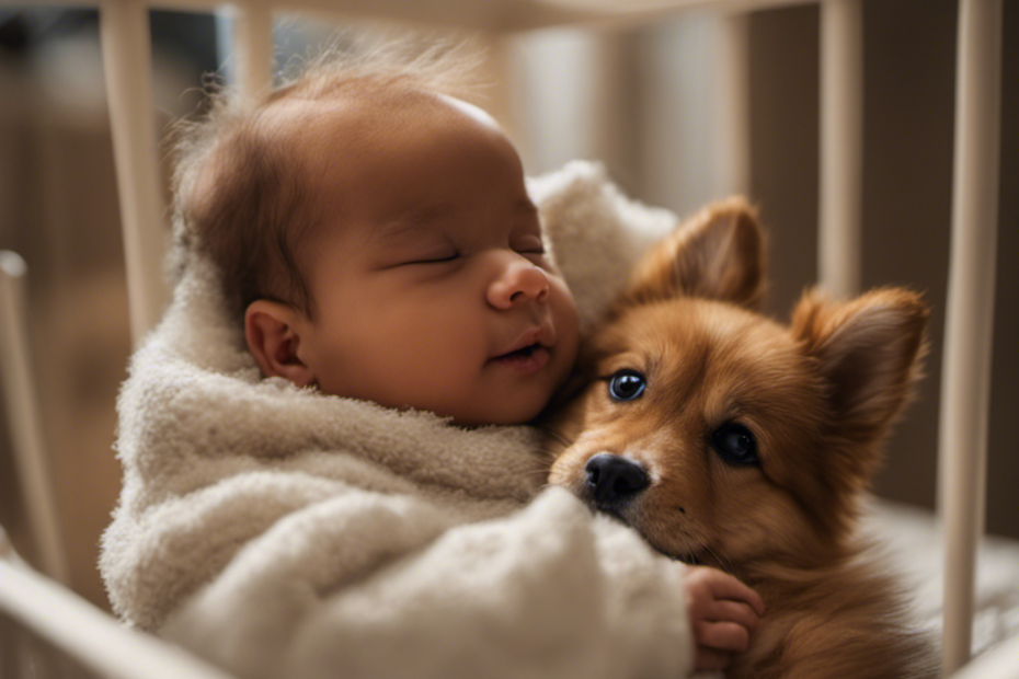 An image featuring a serene newborn baby peacefully sleeping in a cozy crib, gently cradled by a fluffy, attentive Spitz dog