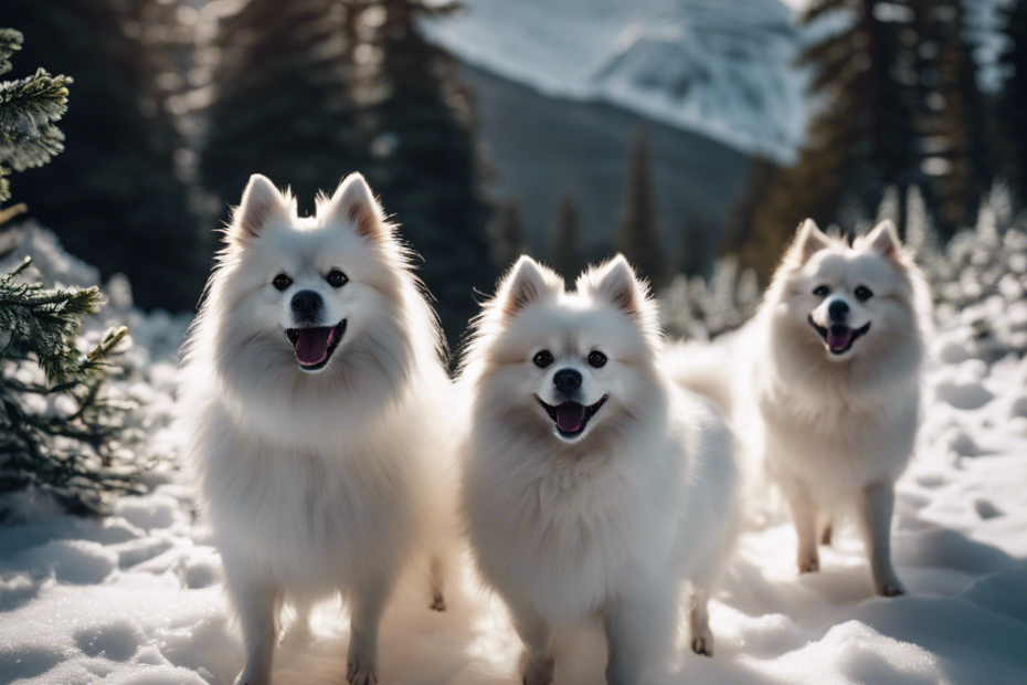E an image of various Spitz dogs happily playing in a snowy landscape with prominent fluffy coats, showcasing their breath in the cold air, surrounded by icy mountains and pine trees