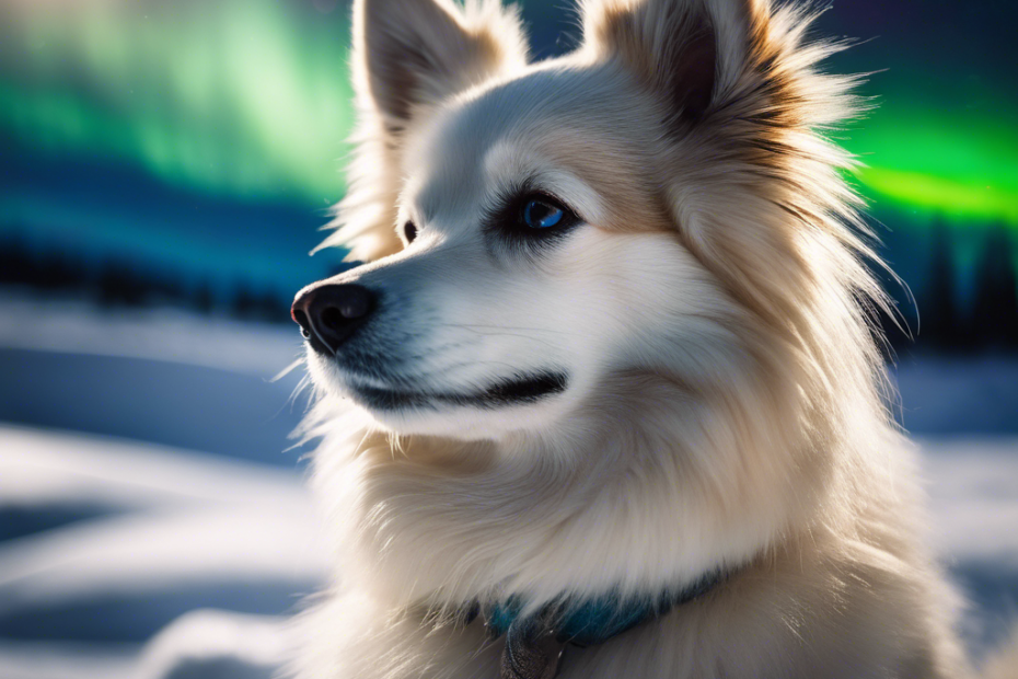 Ate a Spitz dog nestled in snow, with thick fur, curled tail, and visible breath in icy air, surrounded by a frosty landscape with northern lights above