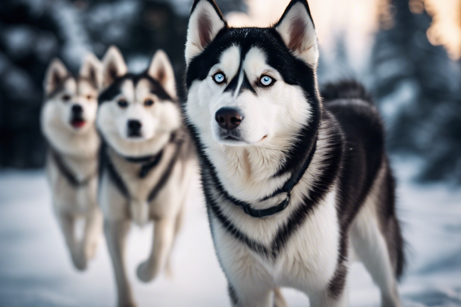 Ze a group of fluffy Siberian Huskies, with thick fur and bright eyes, playfully bounding through a pristine snowy landscape, with icy mountains and frosted pine trees in the background