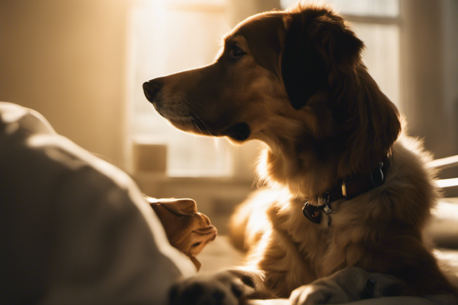 An image capturing a person in a hospital bed, holding hands with a gentle therapy dog, both bathed in warm sunlight streaming through a window, symbolizing the profound healing power of canine companionship