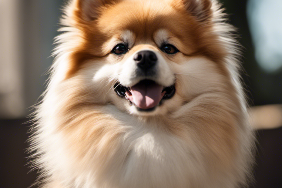 An image showcasing a well-groomed Spitz breed, with its fluffy double coat shimmering under natural sunlight