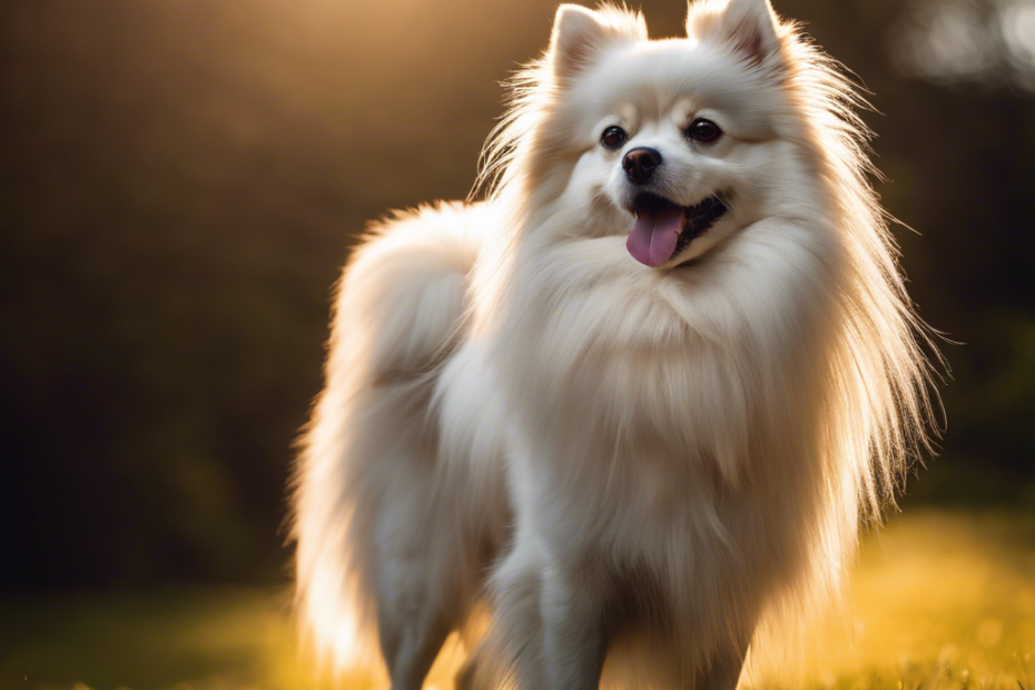 An image showcasing a regal Spitz dog standing tall, its thick double coat glistening under the sunlight