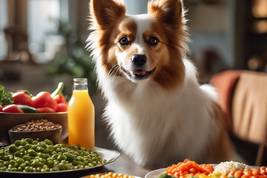 An image showcasing a Spitz dog with a perfectly balanced meal beside it
