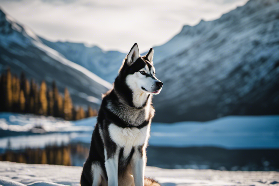 An image capturing a serene Arctic landscape with a focused Husky, sitting obediently in front of its owner