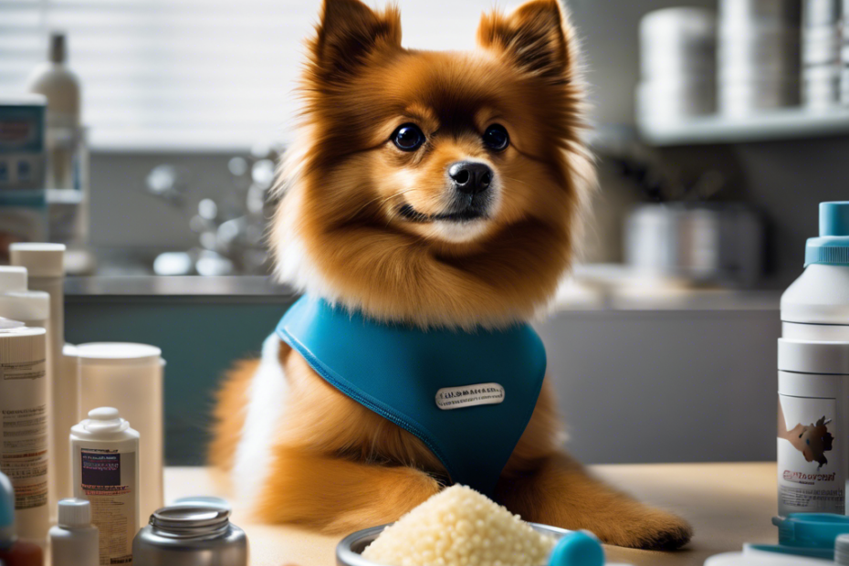 An image of a healthy, groomed Spitz surrounded by vet care items, a nutritious diet display, and a background of a safe, clean breeding environment with a puppy training area