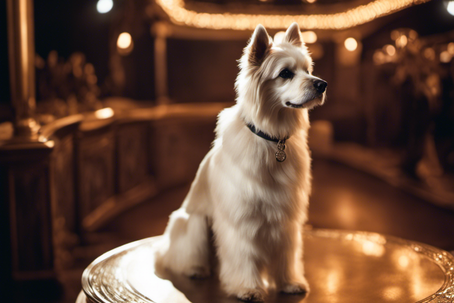 An image showcasing a well-groomed show dog standing confidently on a pedestal, its lustrous coat shimmering under bright lights