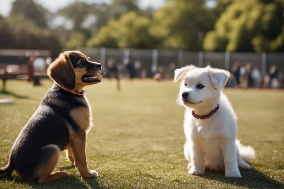 E an image of various puppy breeds interacting at a dog park, with playful postures, obstacles, humans, and toys, conveying the importance of socialization