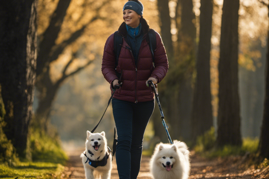 An image depicting a person with a disability walking confidently with a Spitz breed assistance dog by their side