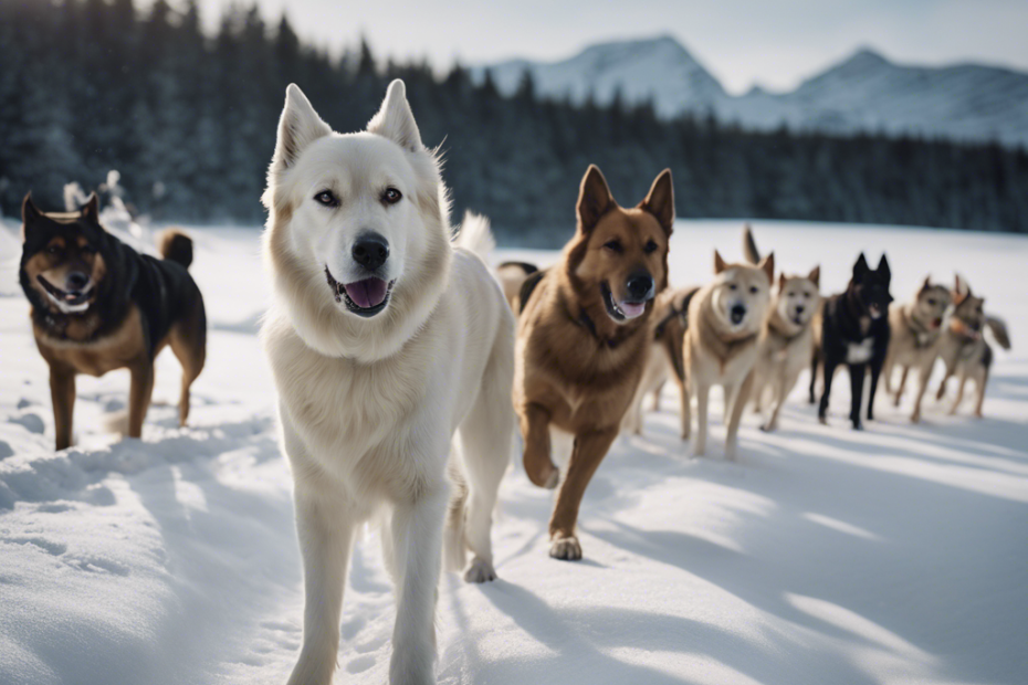 Ate a diverse group of healthy Nordic dogs, showcasing their robust physiques, in a pristine snowy landscape with visible dog breeding facilities that imply state-of-the-art care and ethical breeding standards