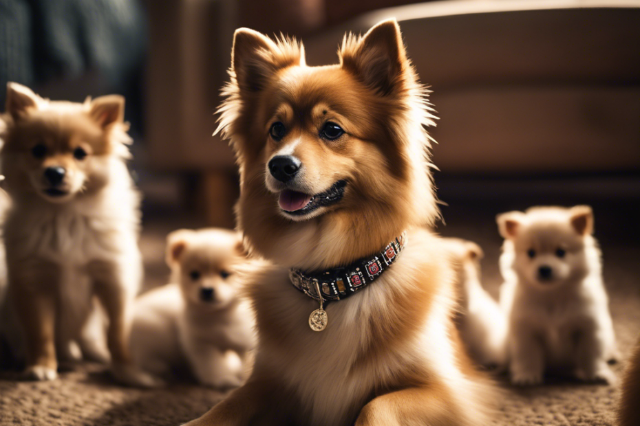 An image of a proud Spitz dog surrounded by a litter of puppies, each with a unique collar, in a warm, inviting home setting, highlighting the importance of individual identification